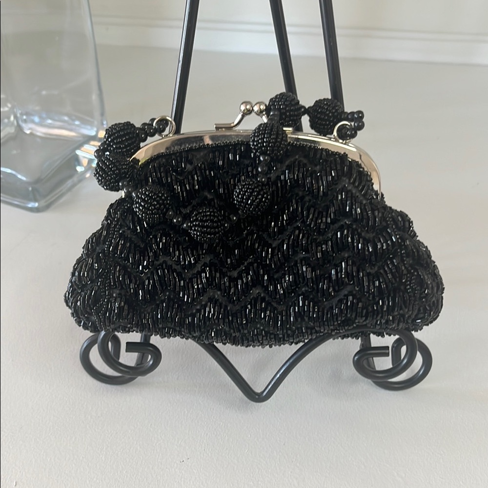 Black Beaded Half-Moon Clutch with Unique Handle - Picture 3 of 3